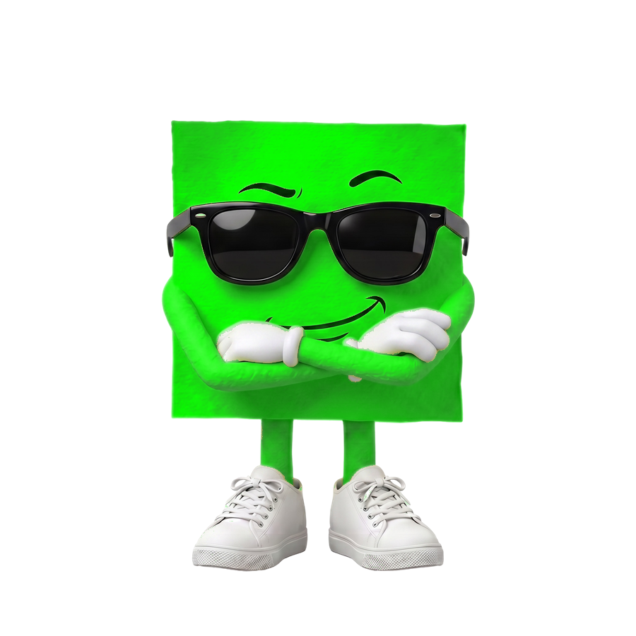 The last piece of confetti — a green square in black shades, arms crossed, smirking